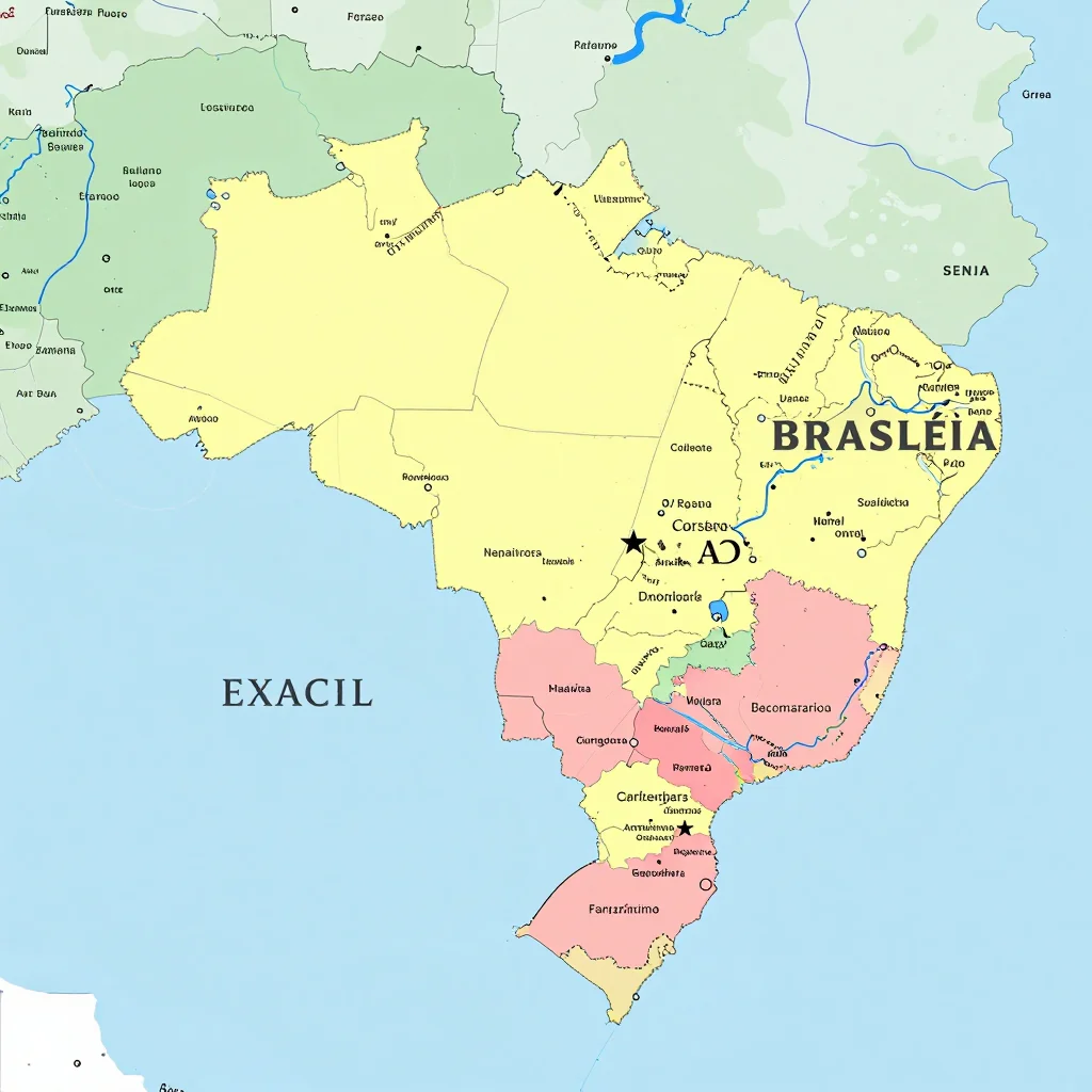 Political map showing borders, administrative divisions, major cities, and capital of Brasiléia, Brazil