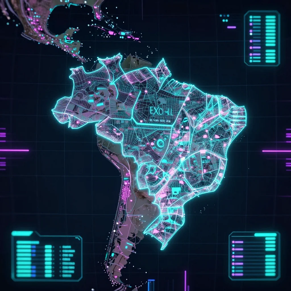 Cyberpunk style digital map of Brazil with neon grid lines and futuristic UI design