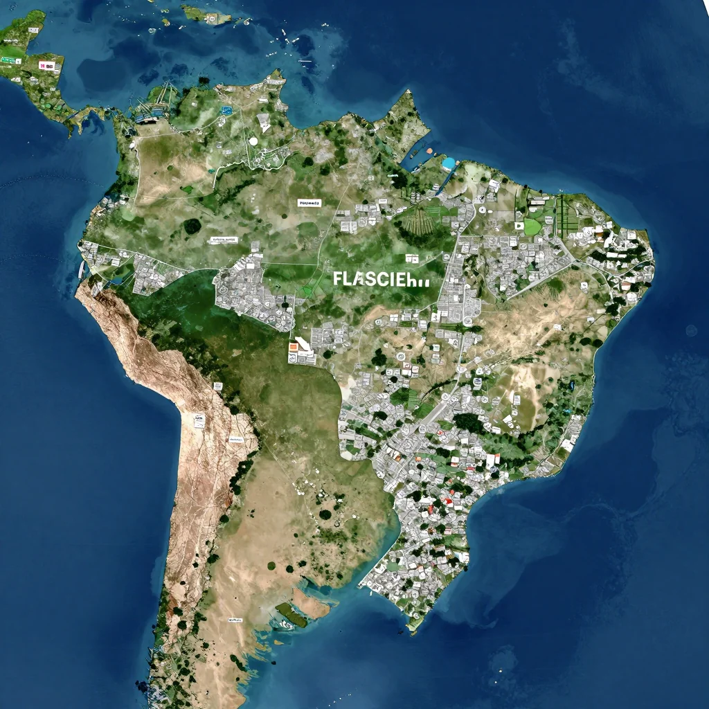 High-resolution satellite image of Brazil showing land cover, urban areas, and natural features from space