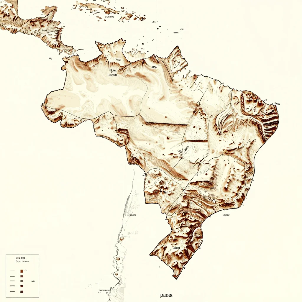 3D topographic map showing elevation contours, mountain ranges, and terrain features of Brazil