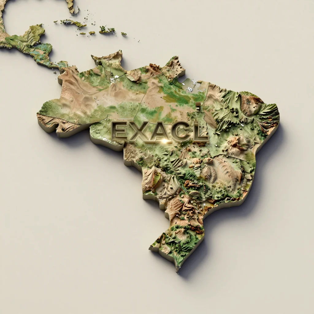 Isometric 3D topographic visualization showing elevation and terrain of Brazil