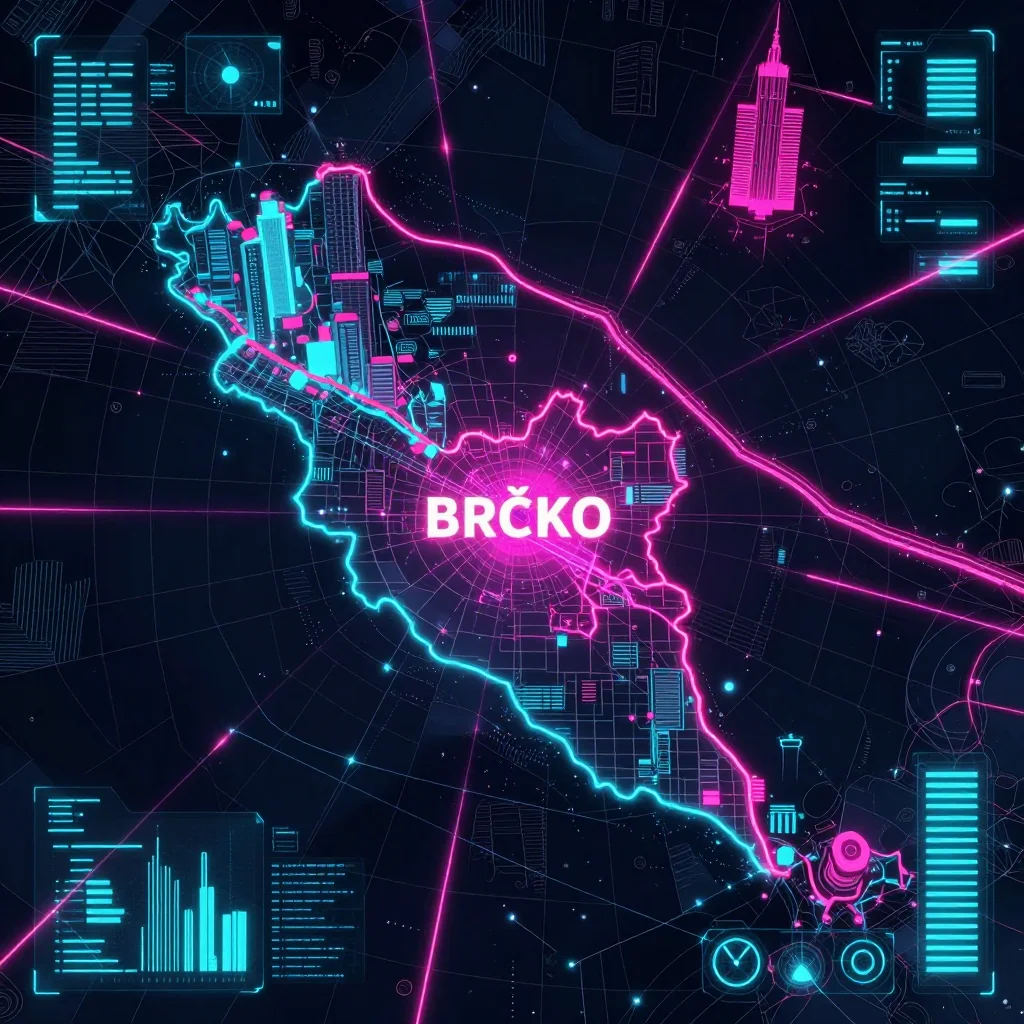 Cyberpunk style digital map of Brčko, Bosnia and Herzegovina with neon grid lines and futuristic UI design