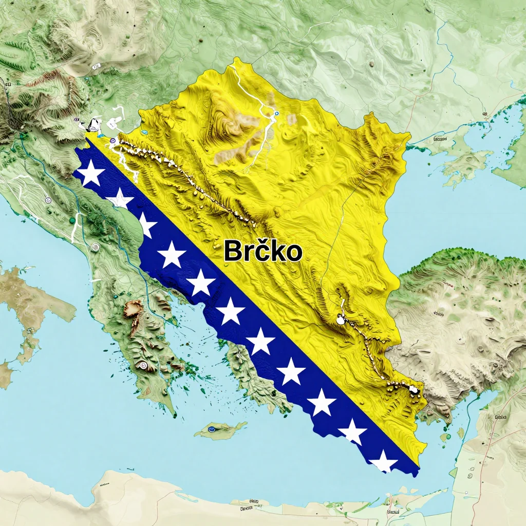 Physical geography map showing terrain, mountains, rivers, and natural features of Brčko, Bosnia and Herzegovina