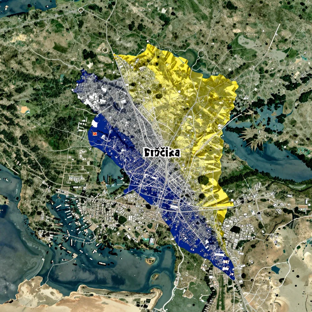High-resolution satellite image of Brčko, Bosnia and Herzegovina showing land cover, urban areas, and natural features from space