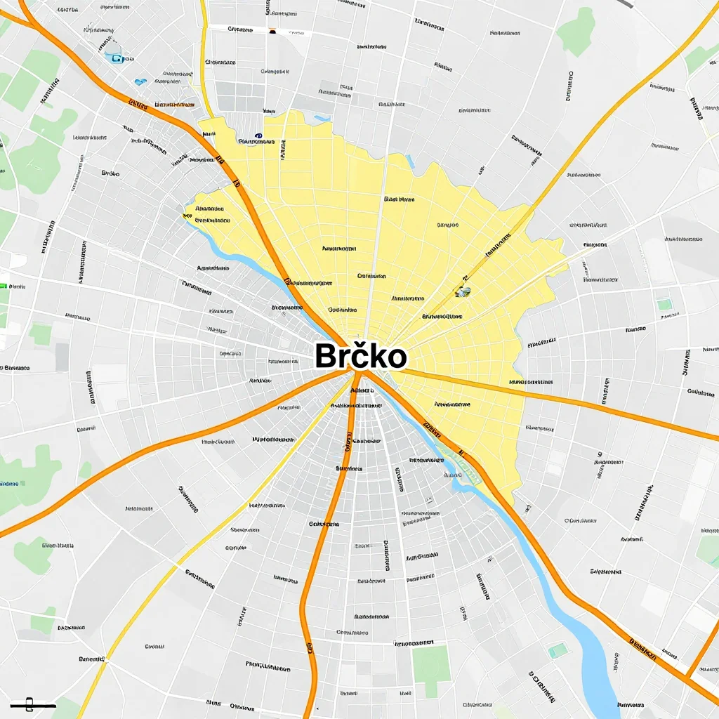Detailed street map showing roads, highways, neighborhoods, and urban layout of Brčko, Bosnia and Herzegovina