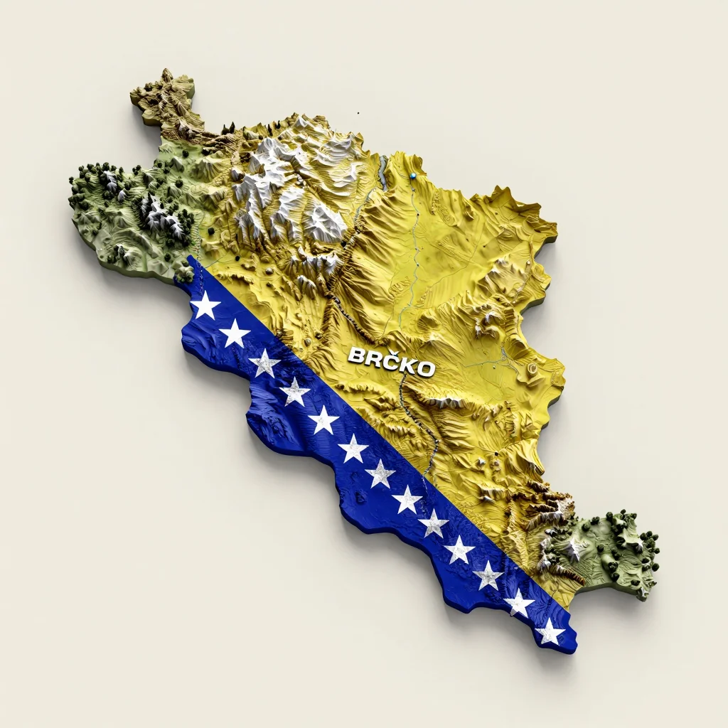 Isometric 3D topographic visualization showing elevation and terrain of Brčko, Bosnia and Herzegovina
