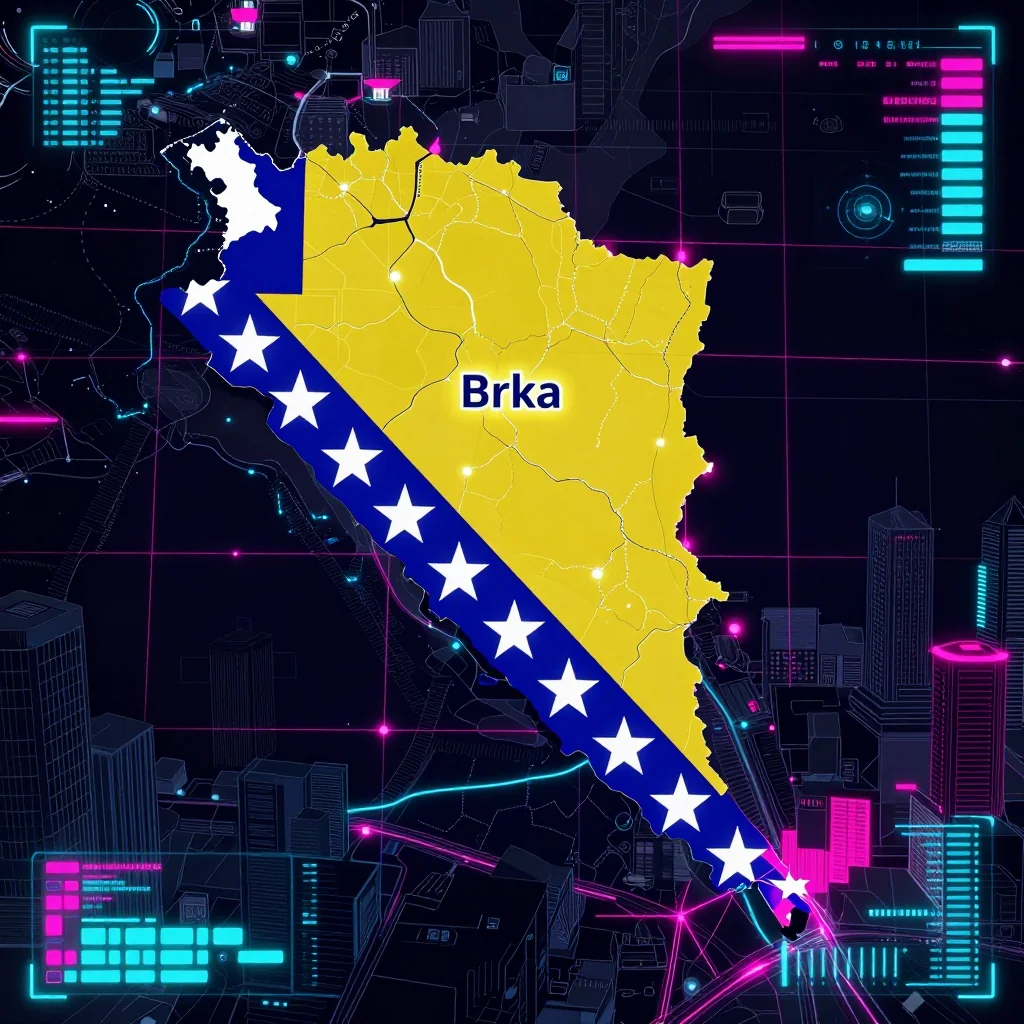 Cyberpunk style digital map of Brka, Bosnia and Herzegovina with neon grid lines and futuristic UI design