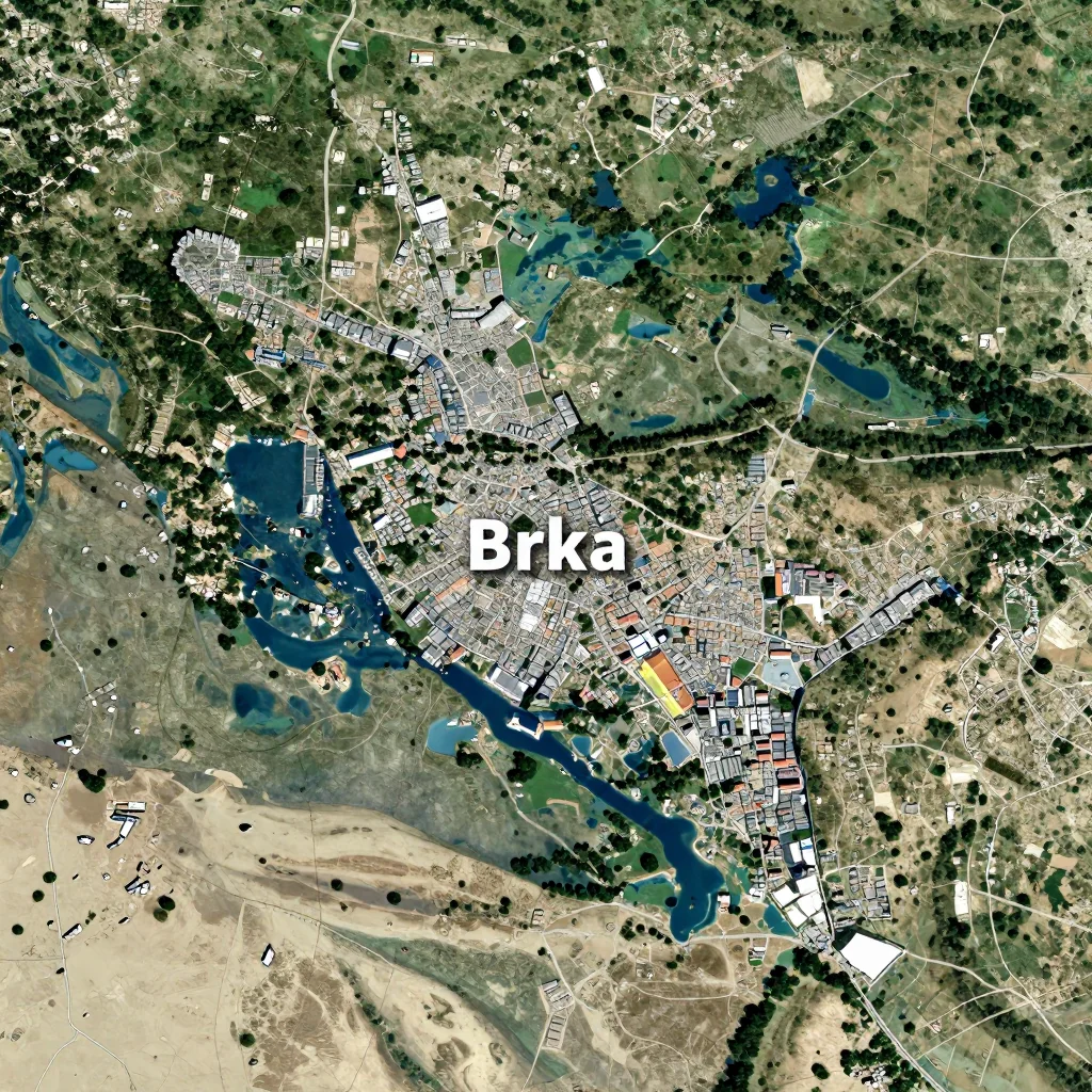 High-resolution satellite image of Brka, Bosnia and Herzegovina showing land cover, urban areas, and natural features from space