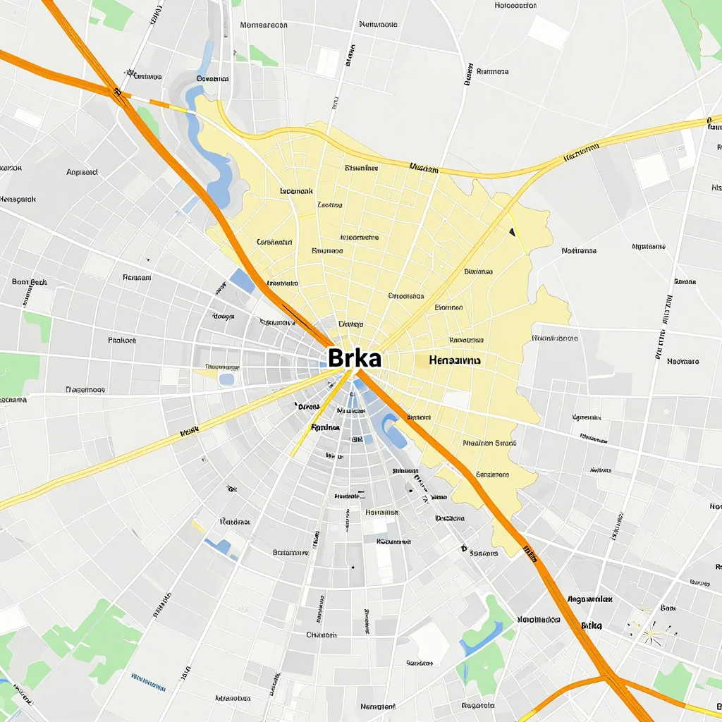 Detailed street map showing roads, highways, neighborhoods, and urban layout of Brka, Bosnia and Herzegovina