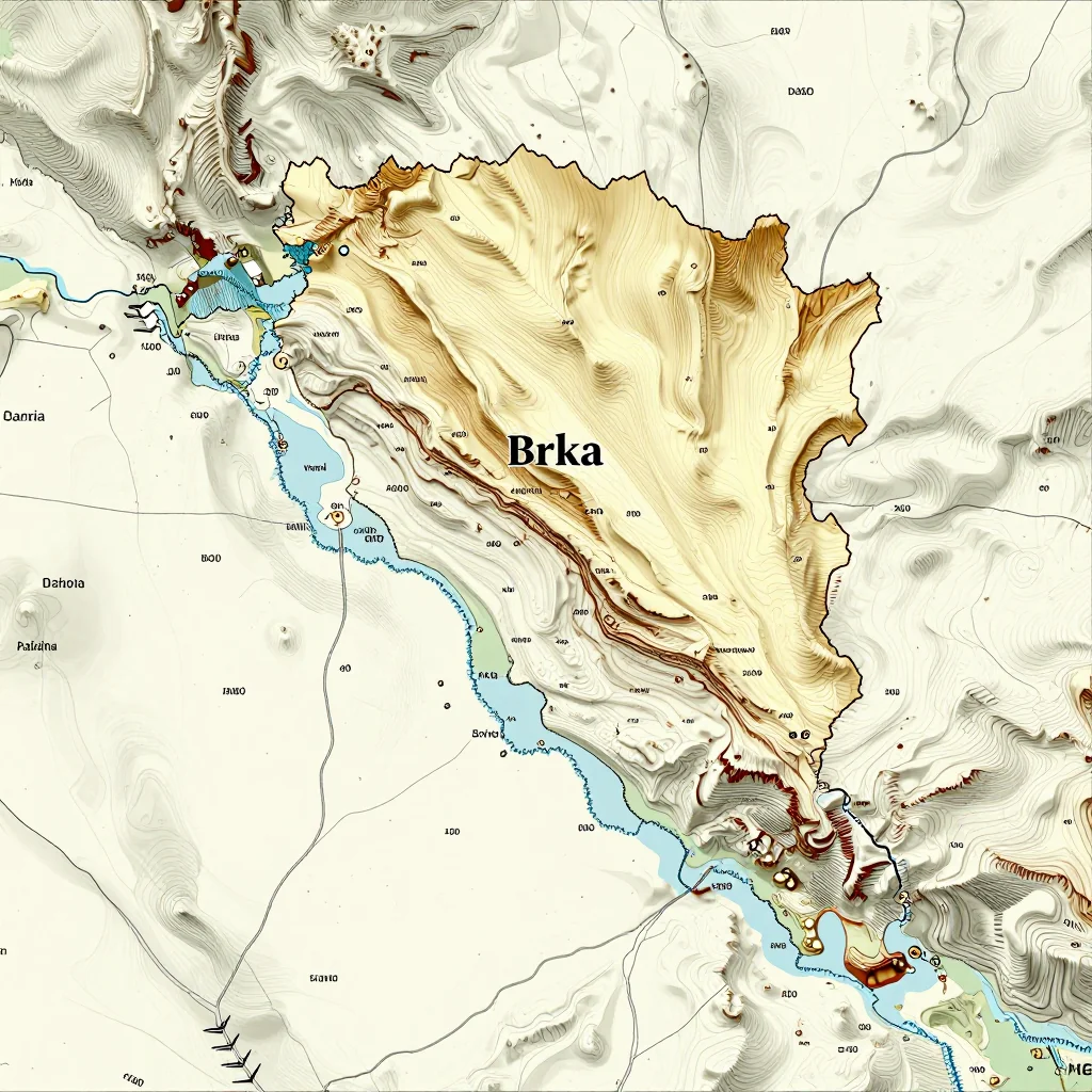 3D topographic map showing elevation contours, mountain ranges, and terrain features of Brka, Bosnia and Herzegovina