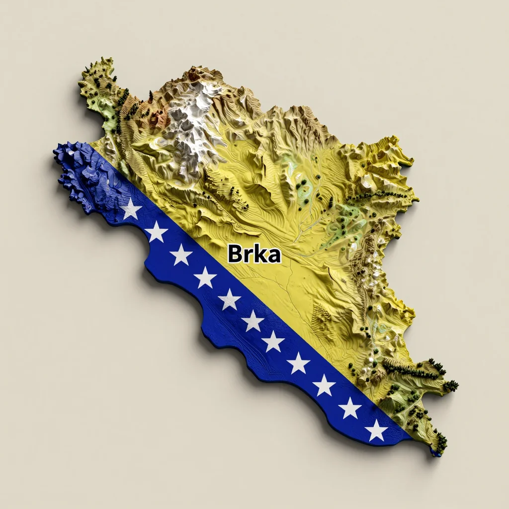 Isometric 3D topographic visualization showing elevation and terrain of Brka, Bosnia and Herzegovina