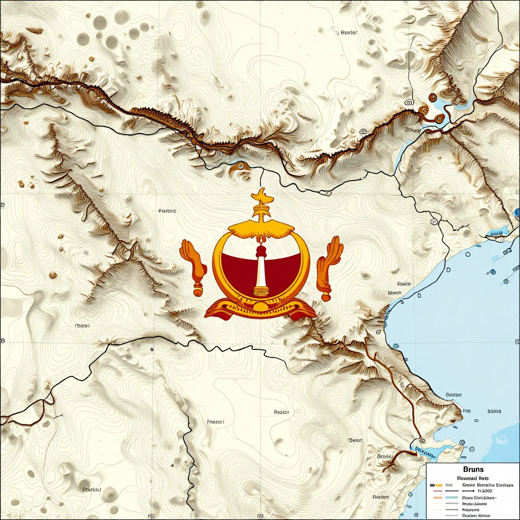 Topographic Relief Map of Brunei 3D topographic map showing elevation contours, mountain ranges, and terrain features of Brunei
