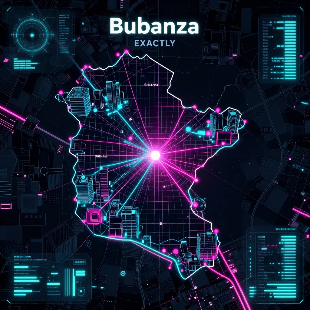 Cyberpunk style digital map of Bubanza, Burundi with neon grid lines and futuristic UI design