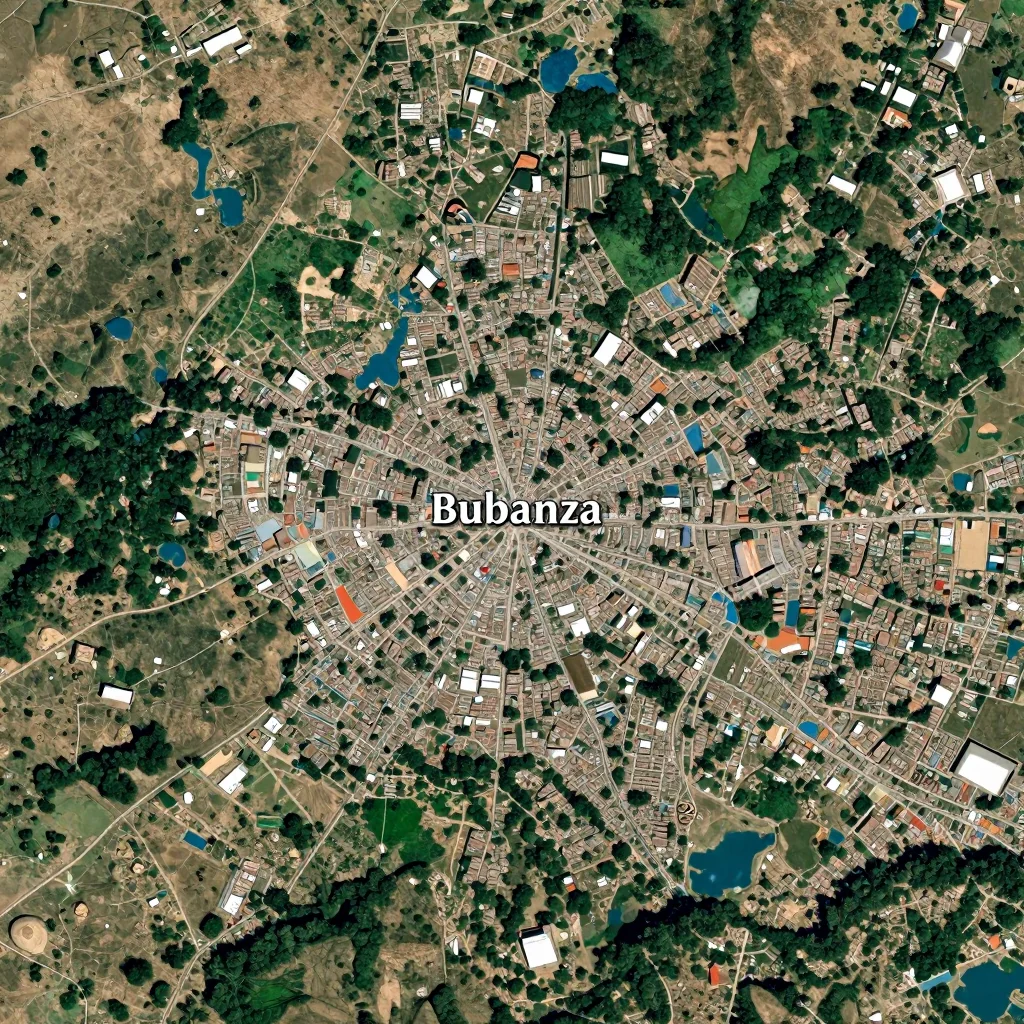 High-resolution satellite image of Bubanza, Burundi showing land cover, urban areas, and natural features from space