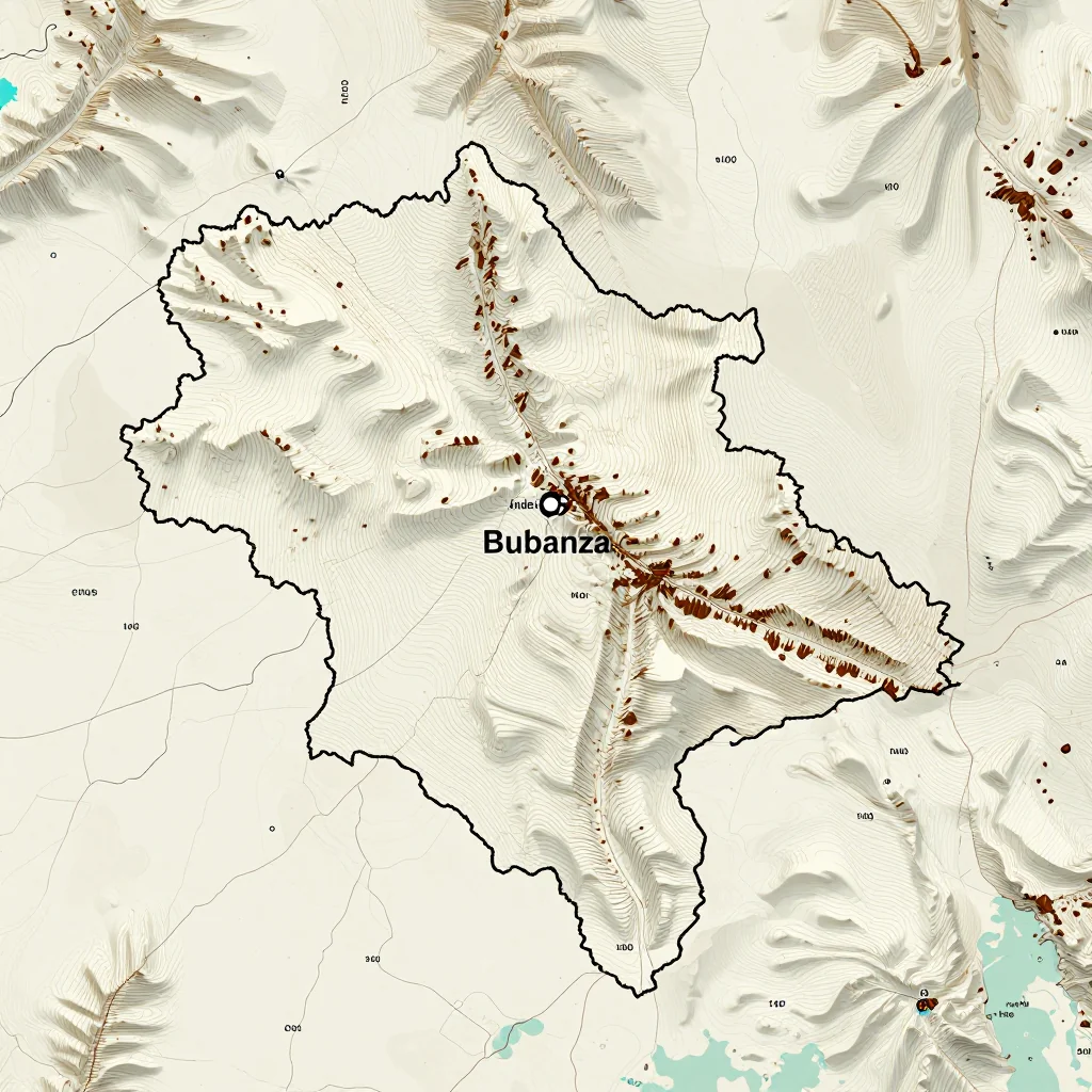 3D topographic map showing elevation contours, mountain ranges, and terrain features of Bubanza, Burundi