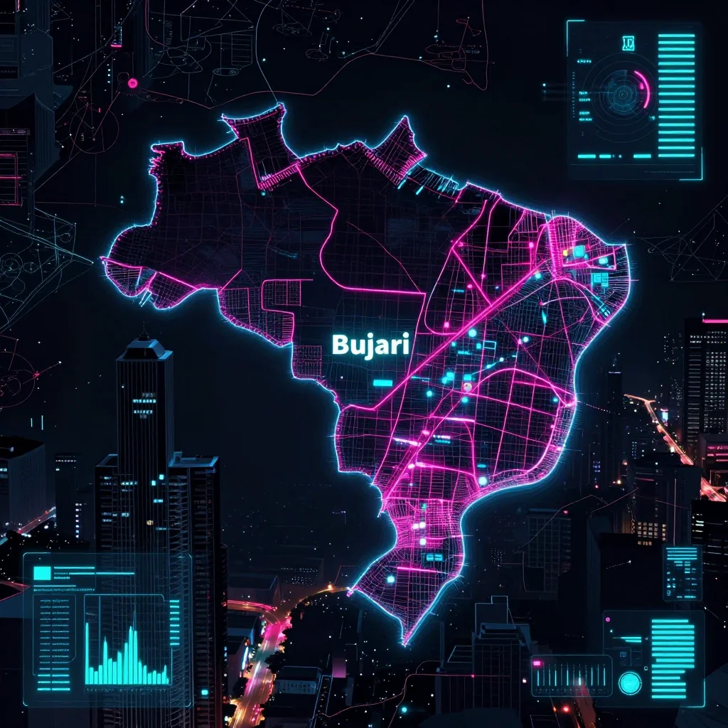 Futuristic Cyberpunk Map of Bujari, Brazil Cyberpunk style digital map of Bujari, Brazil with neon grid lines and futuristic UI design