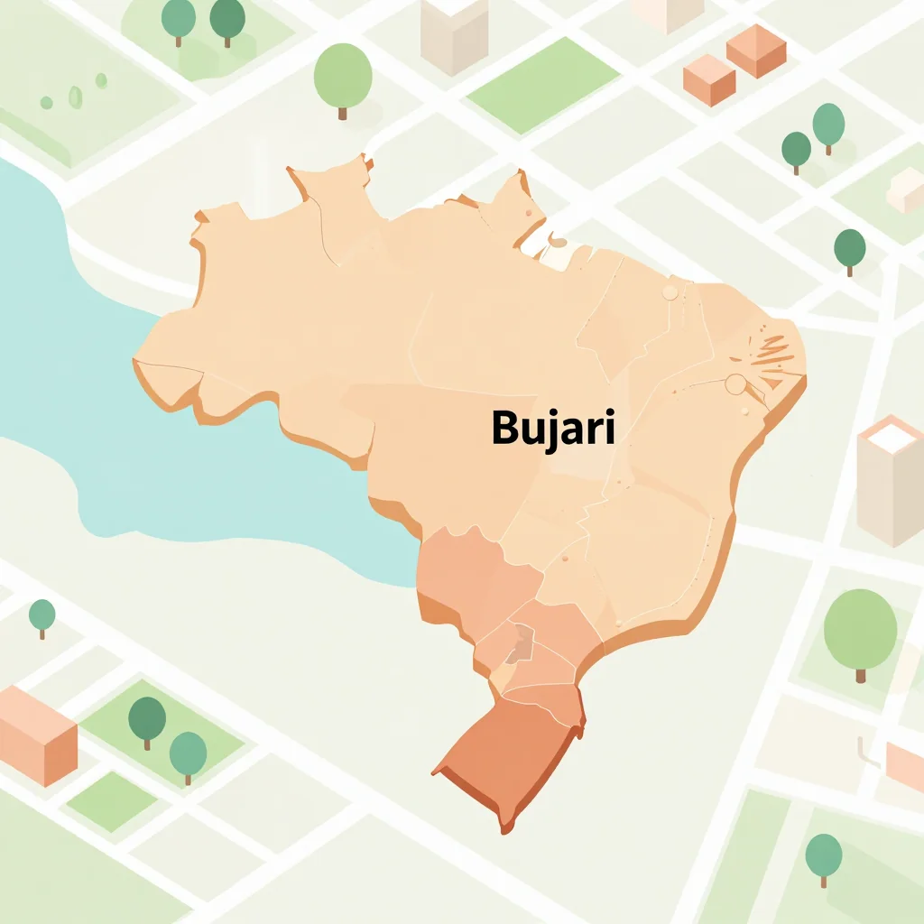Isometric Tourist Map of Bujari, Brazil - Flat Design Isometric flat design tourist map of Bujari, Brazil showing landmarks, attractions, and points of interest