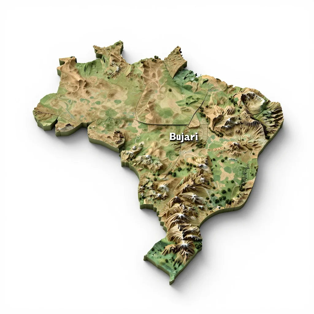 3D Isometric Topographic Map of Bujari, Brazil Isometric 3D topographic visualization showing elevation and terrain of Bujari, Brazil
