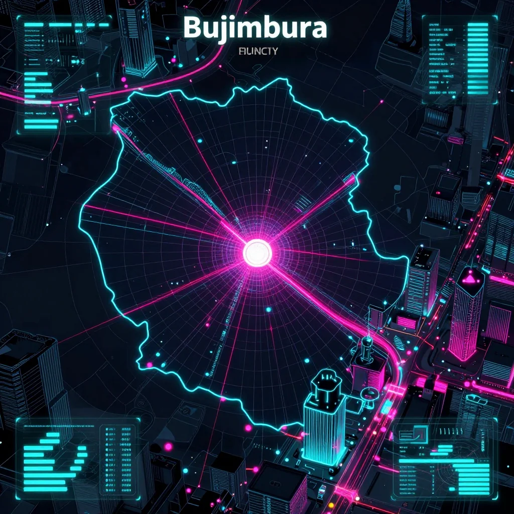 Futuristic Cyberpunk Map of Bujumbura, Burundi Cyberpunk style digital map of Bujumbura, Burundi with neon grid lines and futuristic UI design
