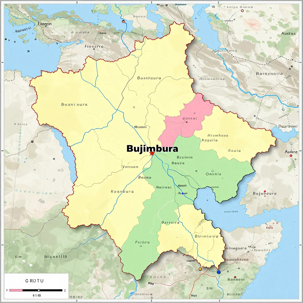Political Map of Bujumbura, Burundi - Administrative Boundaries Political map showing borders, administrative divisions, major cities, and capital of Bujumbura, Burundi