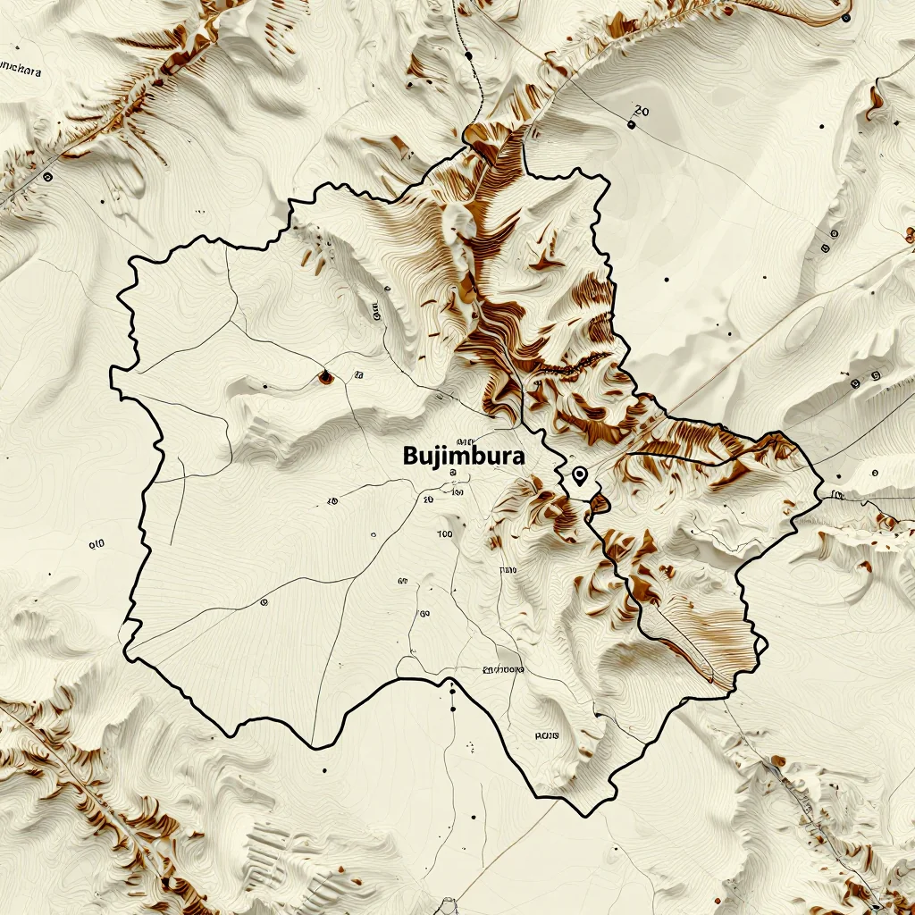 Topographic Relief Map of Bujumbura, Burundi 3D topographic map showing elevation contours, mountain ranges, and terrain features of Bujumbura, Burundi