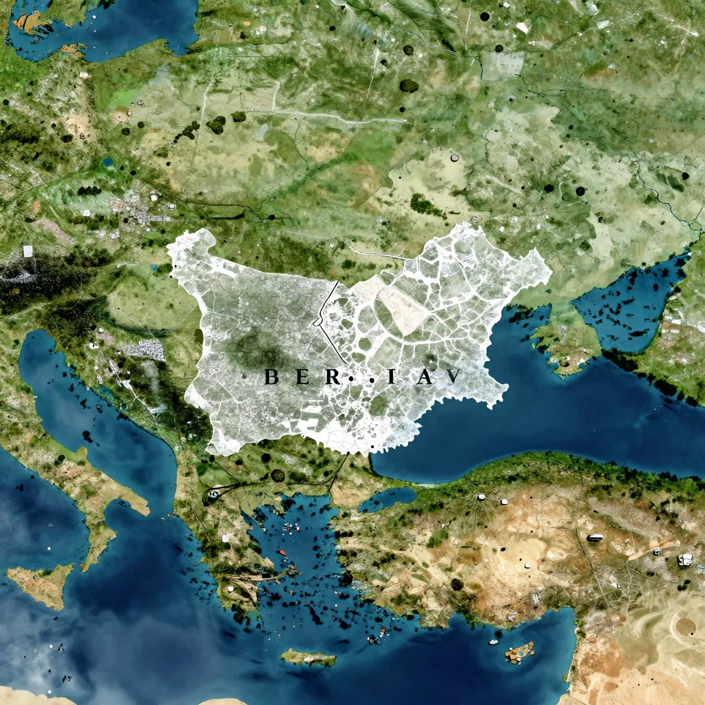 High-resolution satellite image of Bulgaria showing land cover, urban areas, and natural features from space