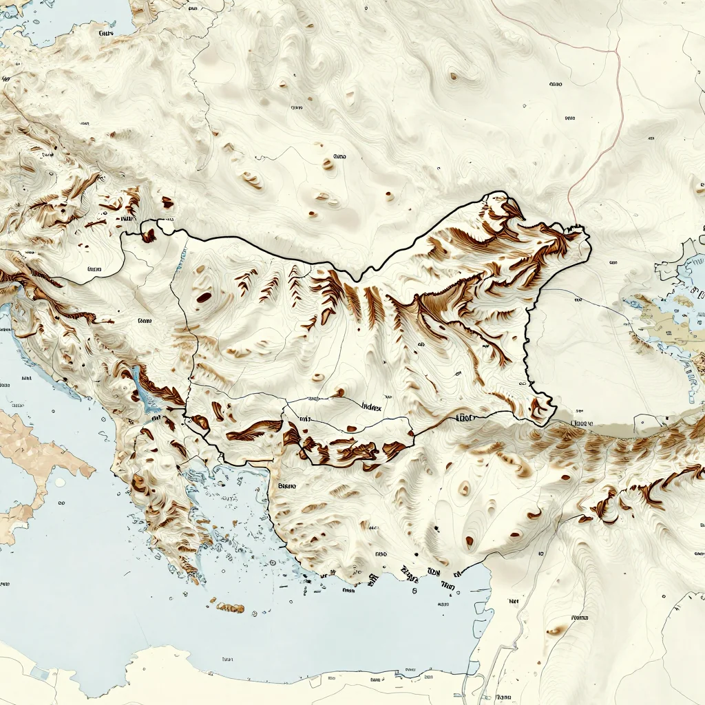 3D topographic map showing elevation contours, mountain ranges, and terrain features of Bulgaria