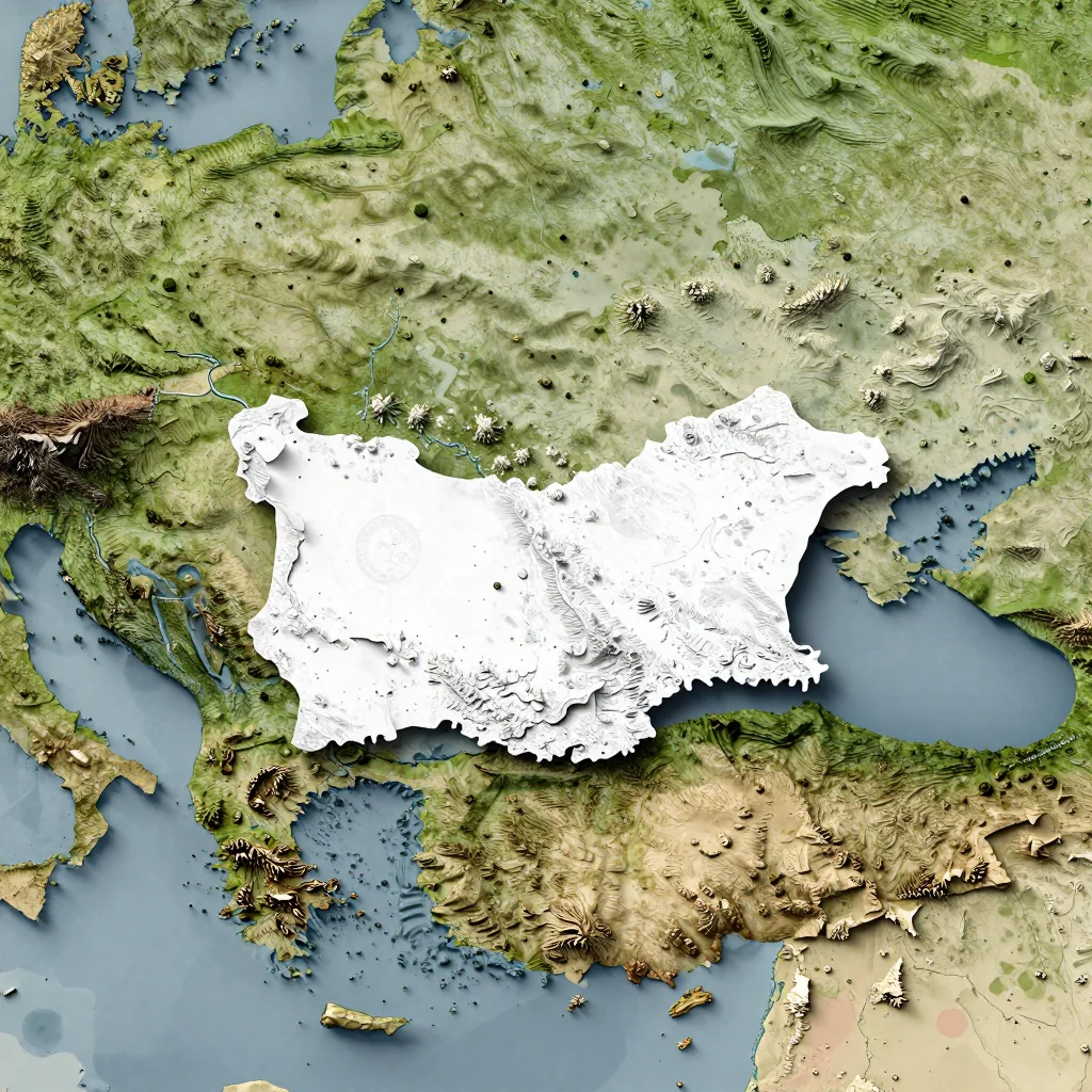 Isometric 3D topographic visualization showing elevation and terrain of Bulgaria