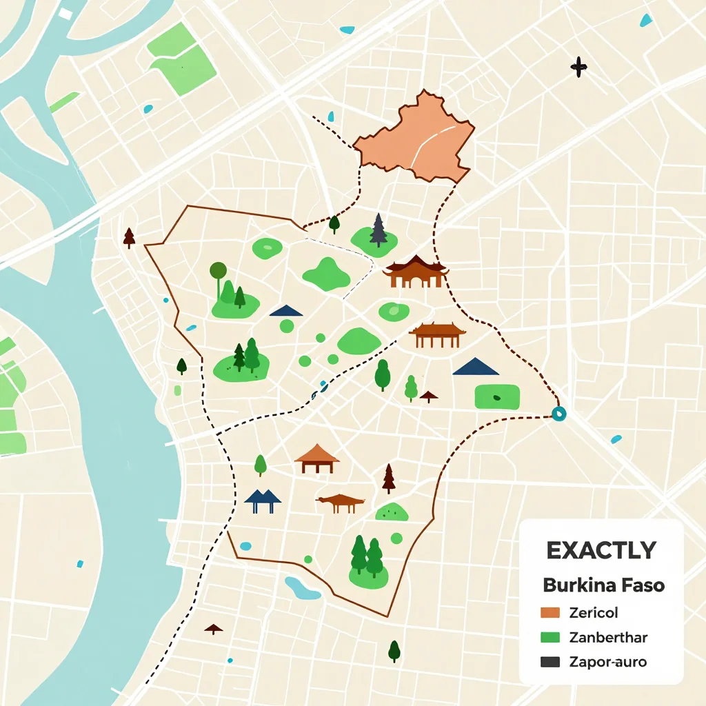 Isometric flat design tourist map of Burkina Faso showing landmarks, attractions, and points of interest