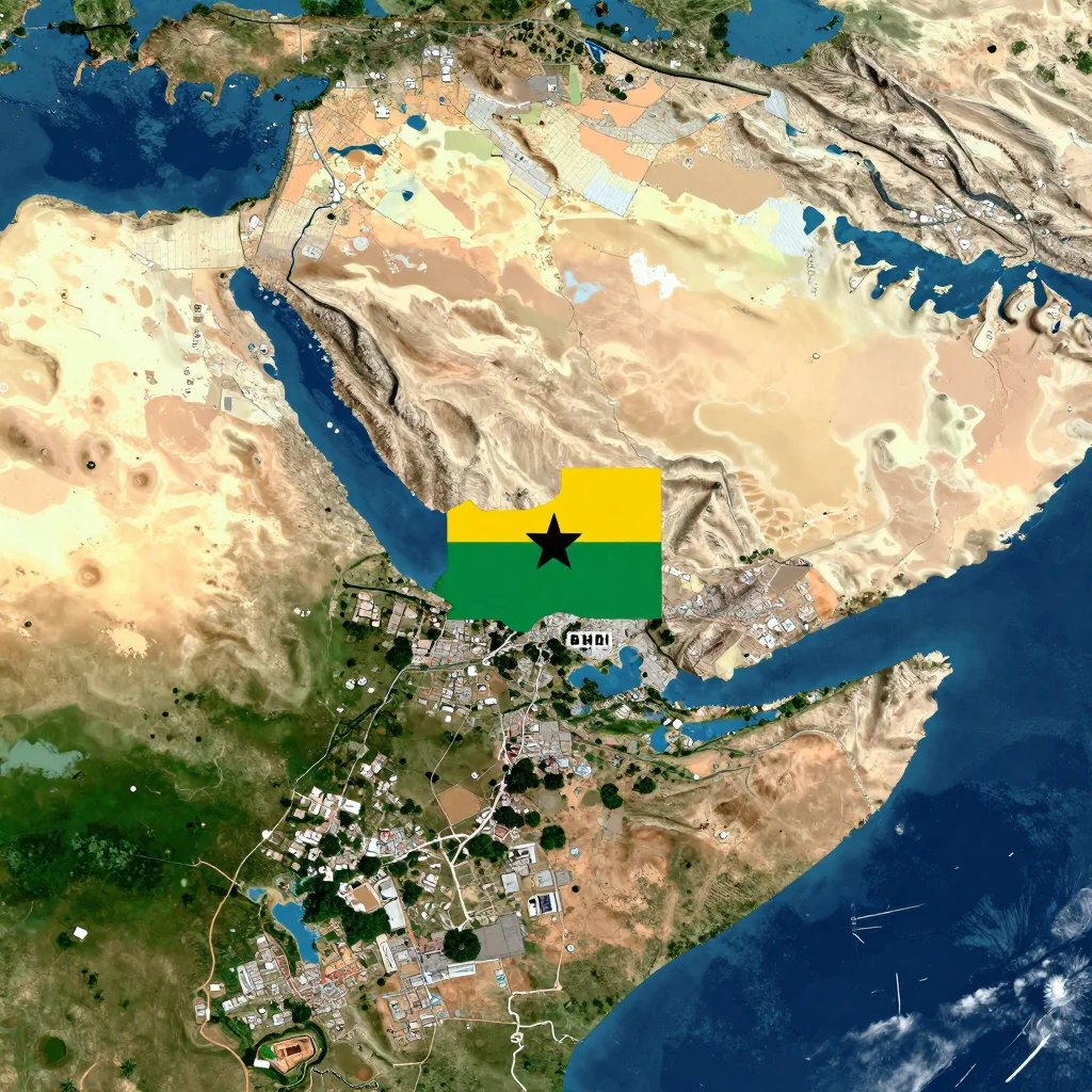 High-resolution satellite image of Burkina Faso showing land cover, urban areas, and natural features from space