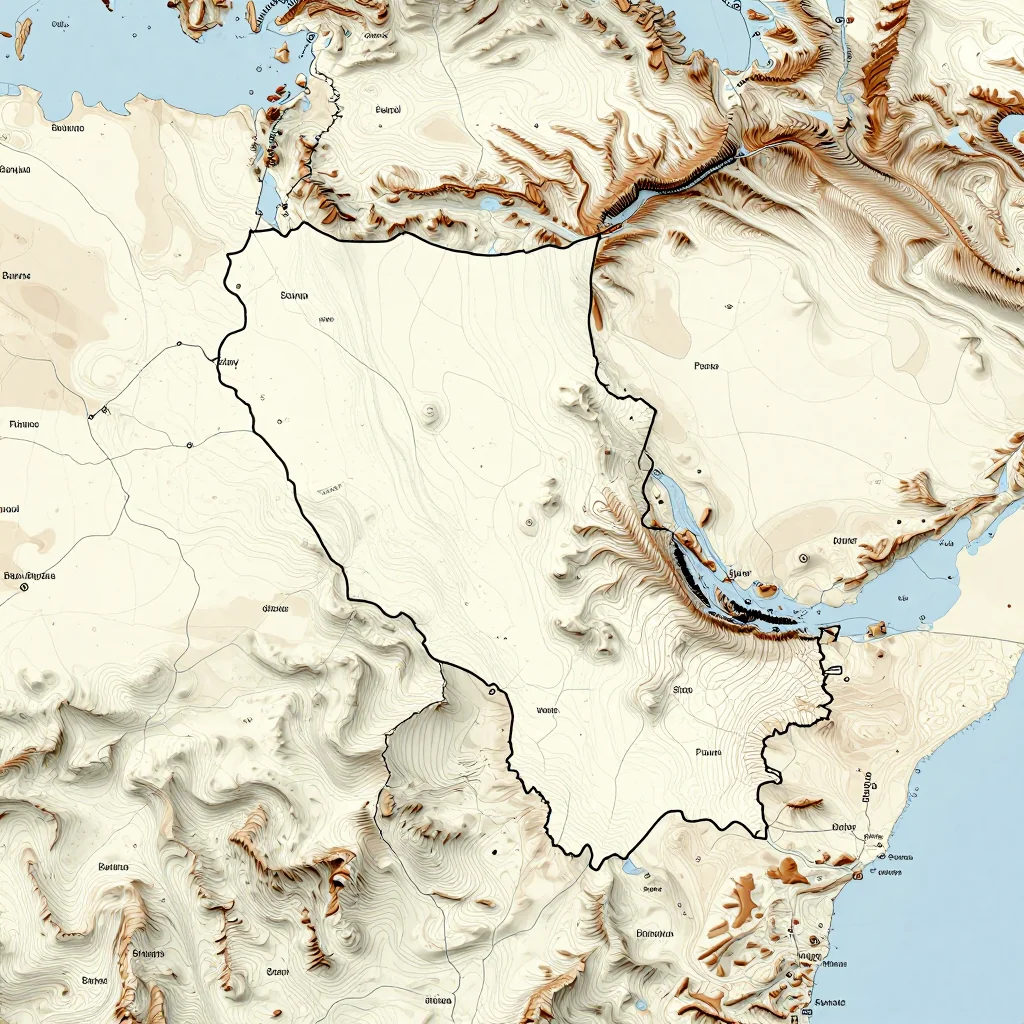 3D topographic map showing elevation contours, mountain ranges, and terrain features of Burkina Faso