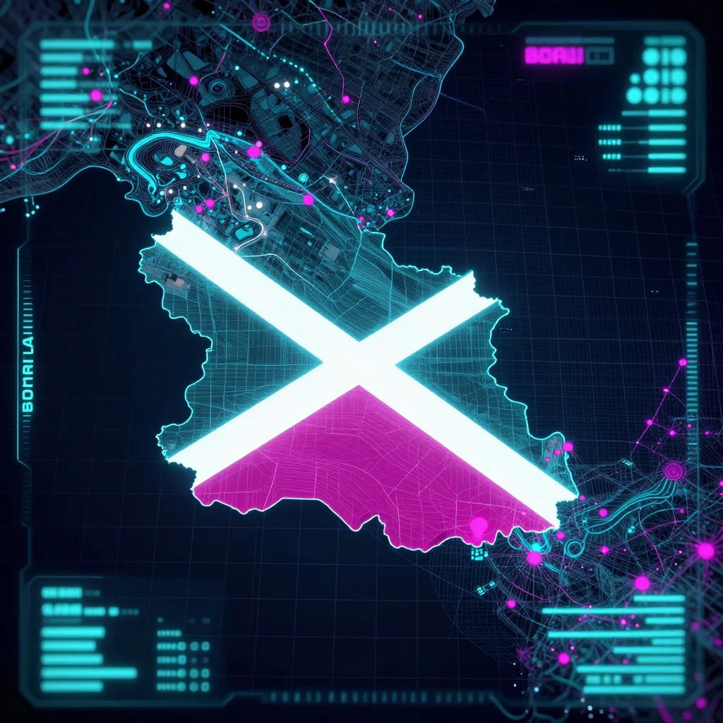 Cyberpunk style digital map of Burundi with neon grid lines and futuristic UI design