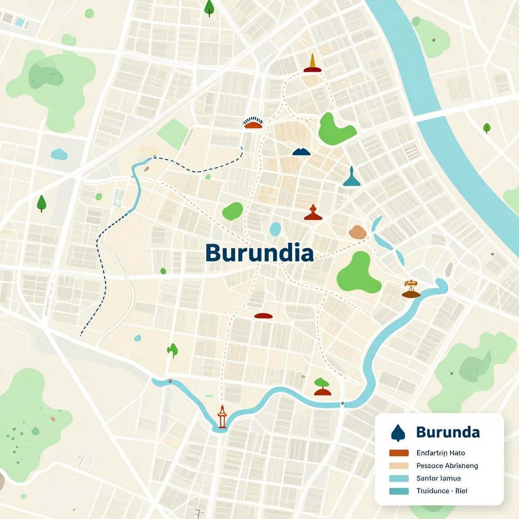 Isometric flat design tourist map of Burundi showing landmarks, attractions, and points of interest