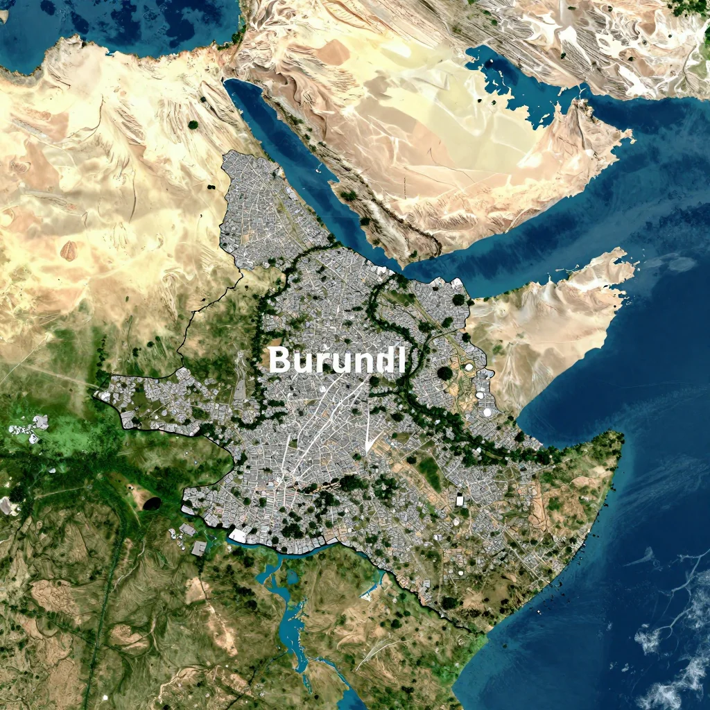 High-resolution satellite image of Burundi showing land cover, urban areas, and natural features from space