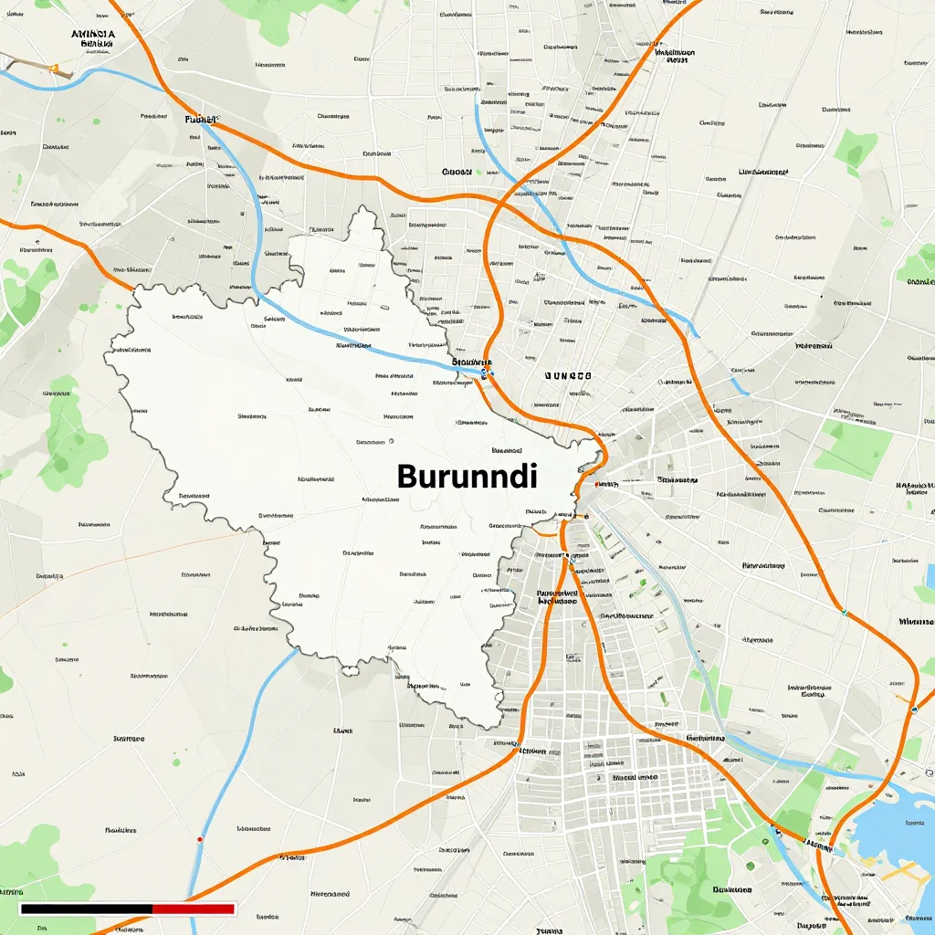 Detailed street map showing roads, highways, neighborhoods, and urban layout of Burundi