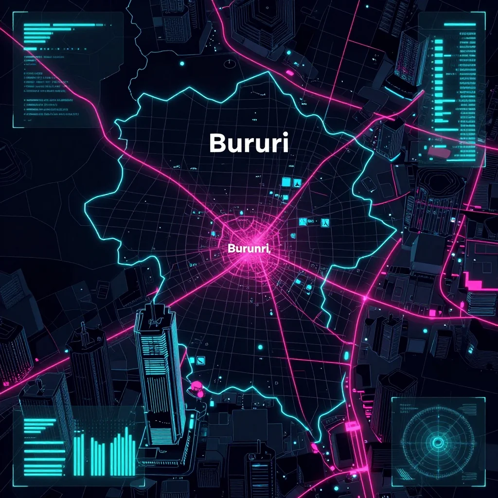 Cyberpunk style digital map of Bururi, Burundi with neon grid lines and futuristic UI design