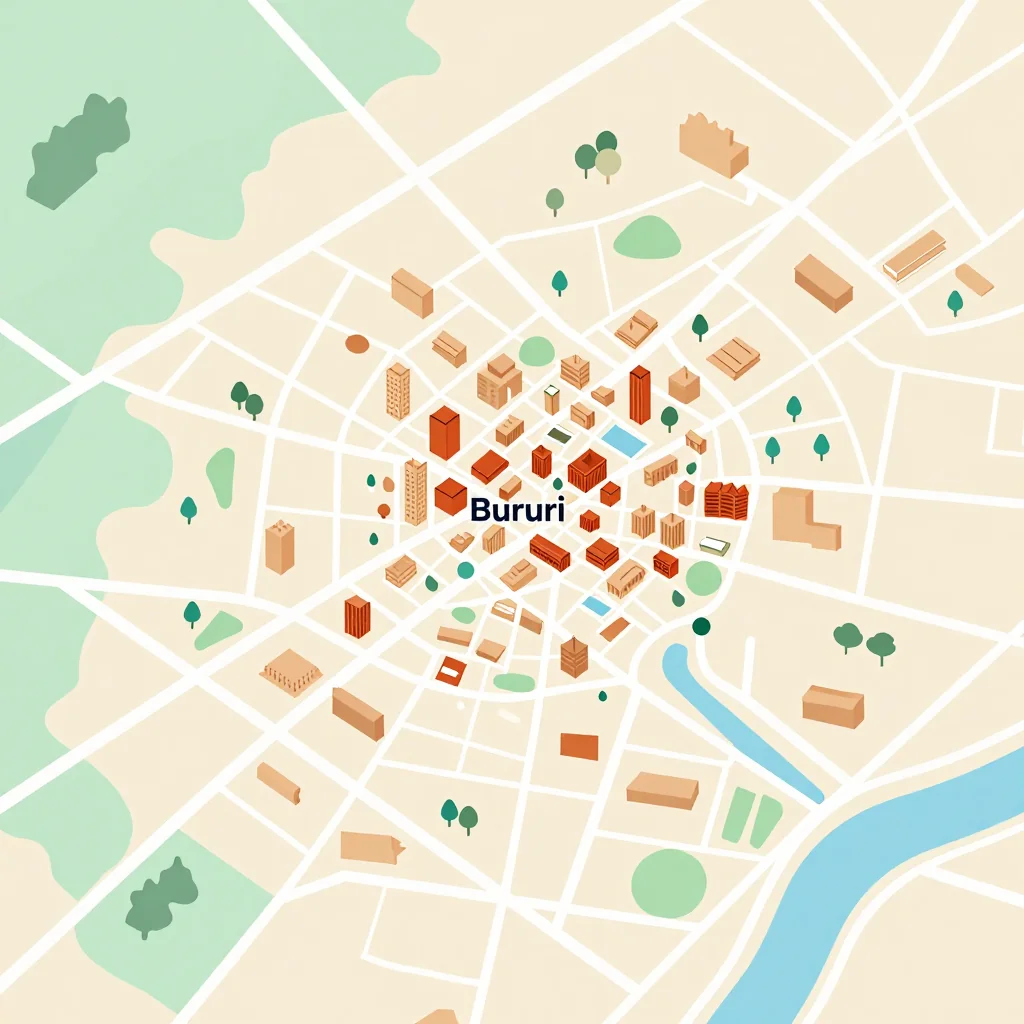 Isometric flat design tourist map of Bururi, Burundi showing landmarks, attractions, and points of interest