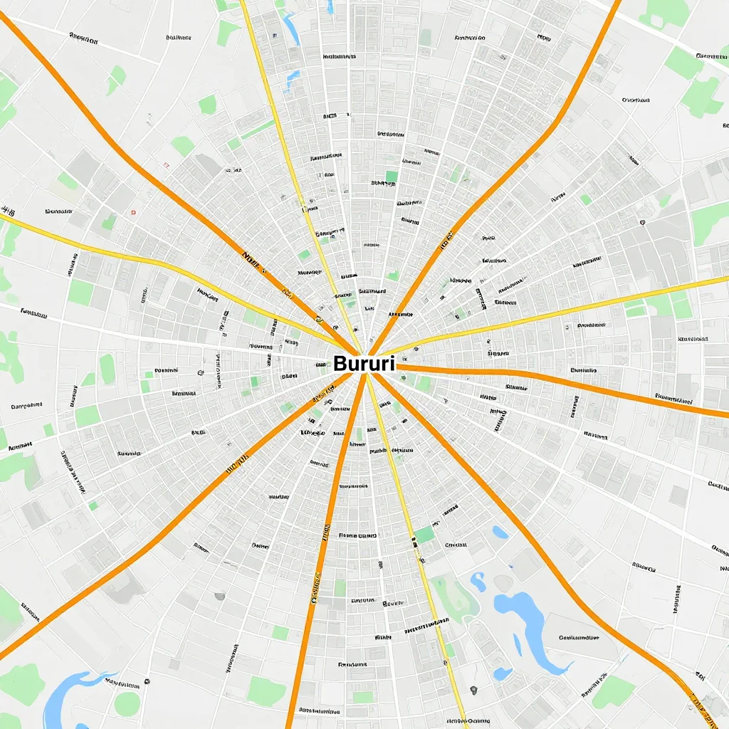 Detailed street map showing roads, highways, neighborhoods, and urban layout of Bururi, Burundi