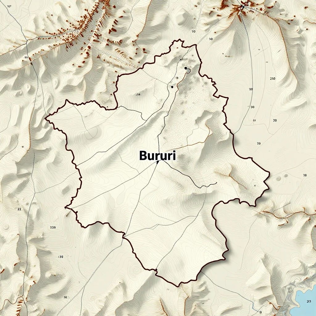 3D topographic map showing elevation contours, mountain ranges, and terrain features of Bururi, Burundi