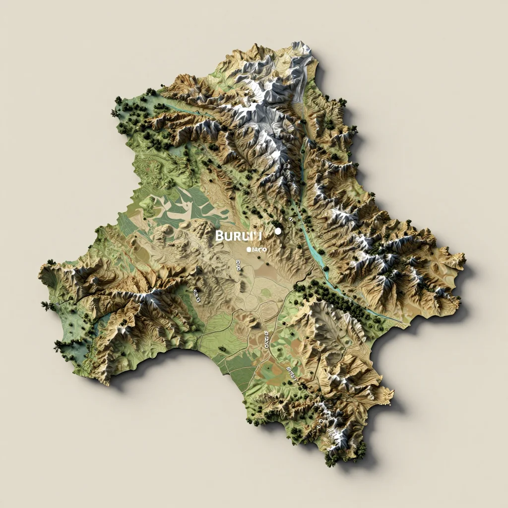 Isometric 3D topographic visualization showing elevation and terrain of Bururi, Burundi