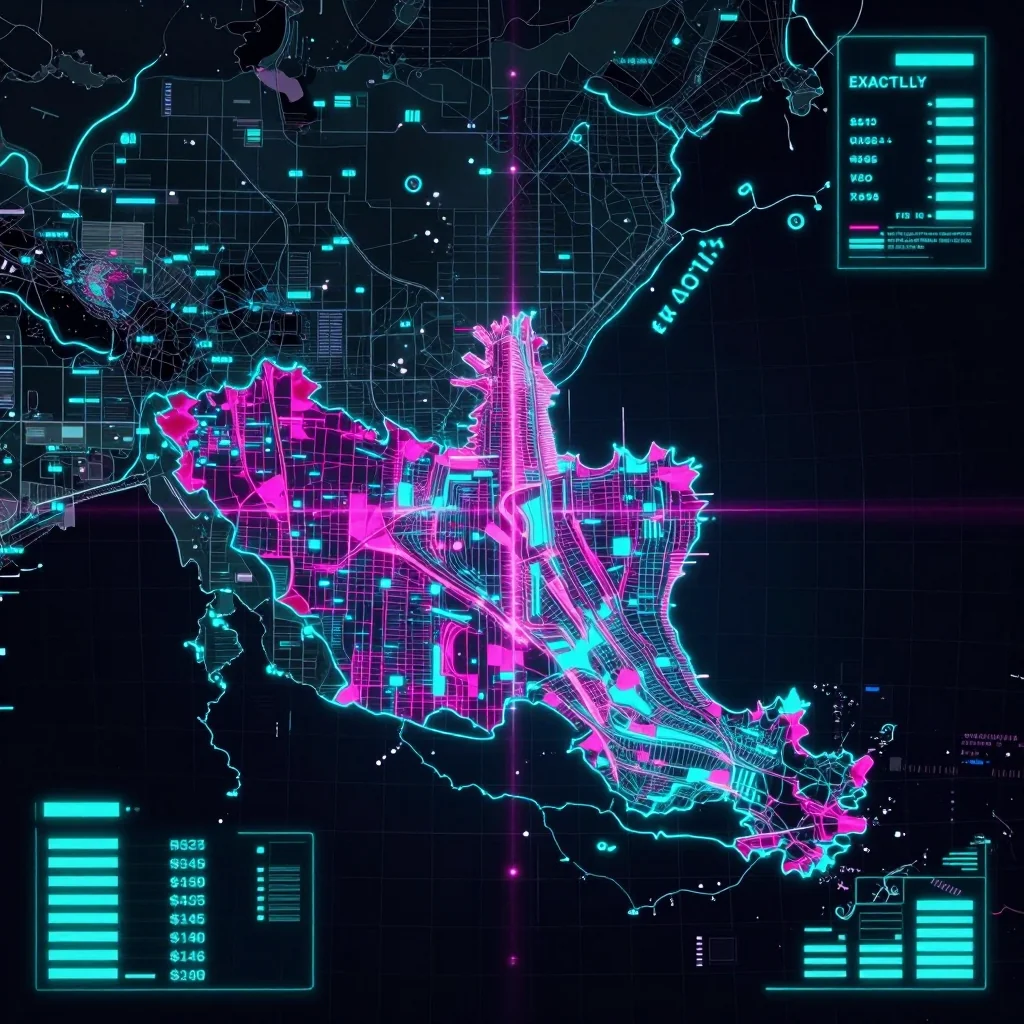 Cyberpunk style digital map of Cambodia with neon grid lines and futuristic UI design