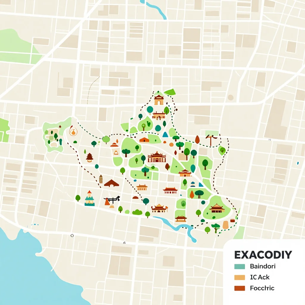 Isometric flat design tourist map of Cambodia showing landmarks, attractions, and points of interest