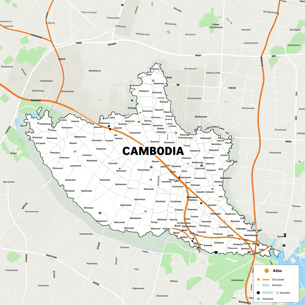Detailed street map showing roads, highways, neighborhoods, and urban layout of Cambodia