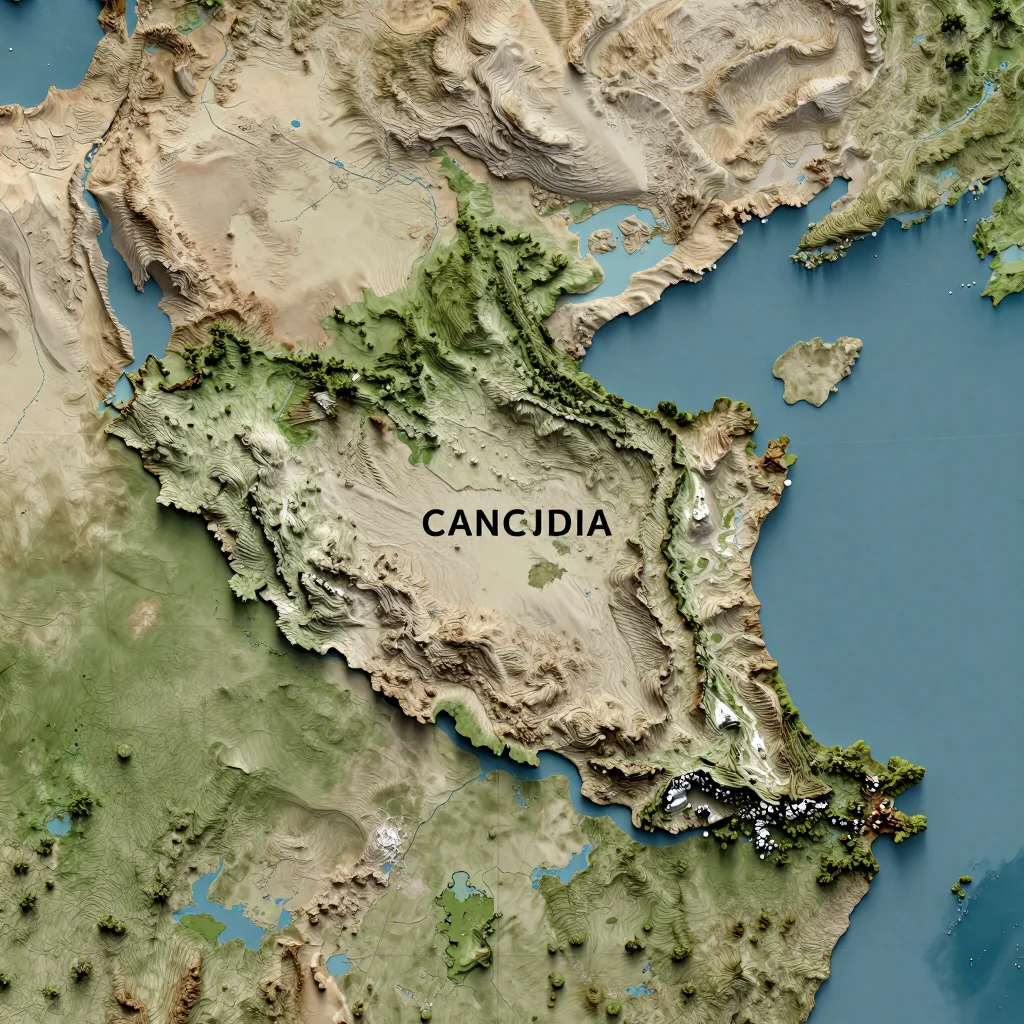 Isometric 3D topographic visualization showing elevation and terrain of Cambodia
