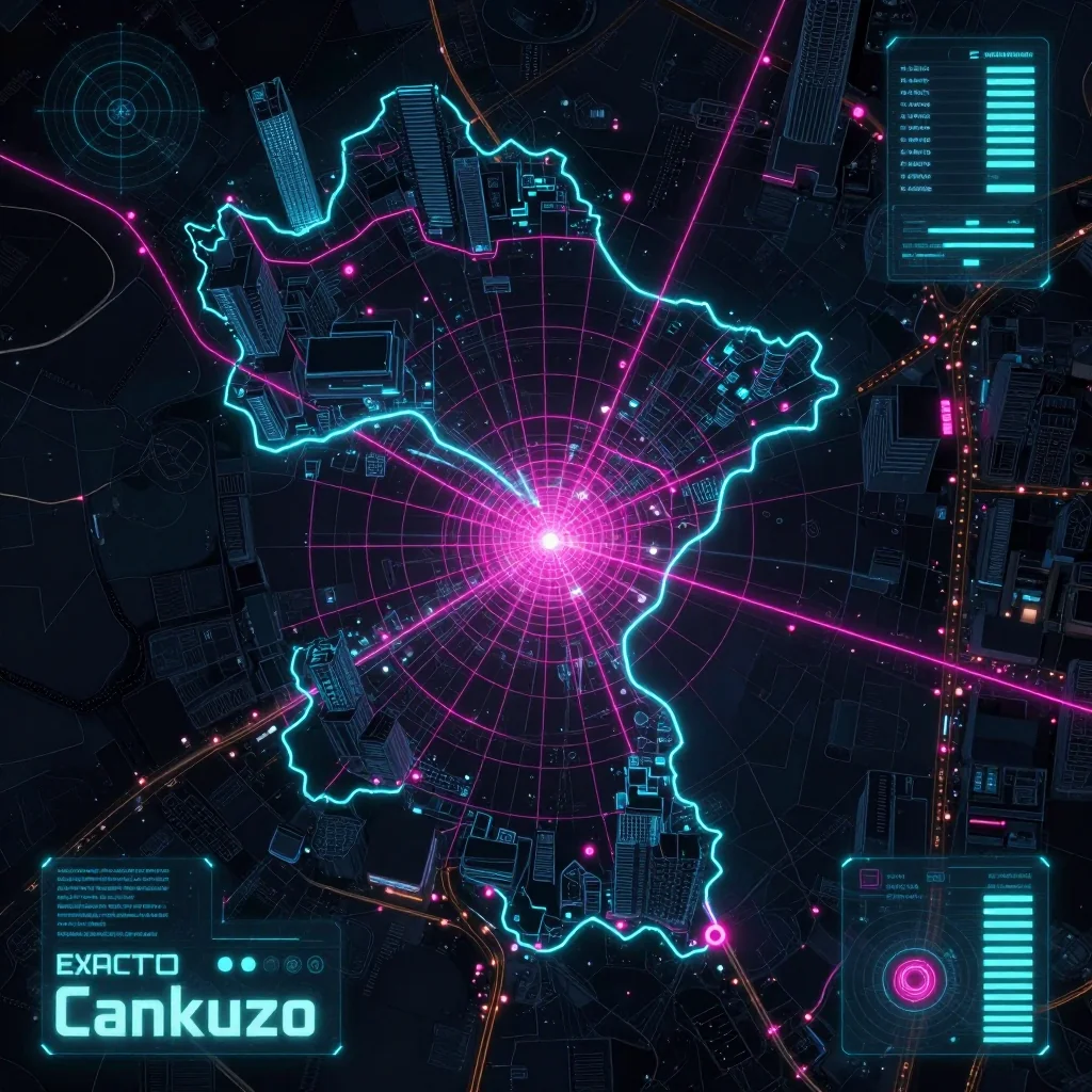 Cyberpunk style digital map of Cankuzo, Burundi with neon grid lines and futuristic UI design