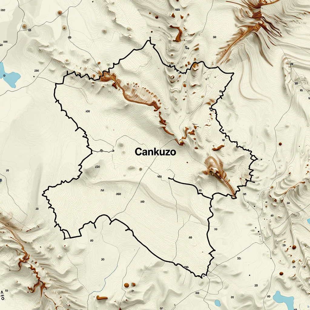 3D topographic map showing elevation contours, mountain ranges, and terrain features of Cankuzo, Burundi
