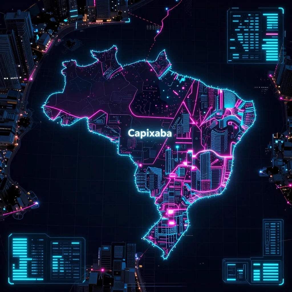 Cyberpunk style digital map of Capixaba, Brazil with neon grid lines and futuristic UI design