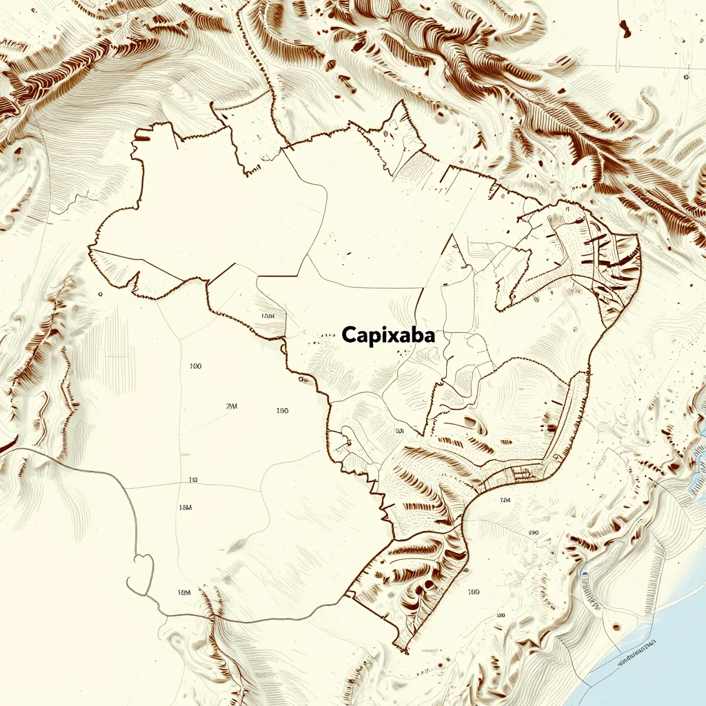 3D topographic map showing elevation contours, mountain ranges, and terrain features of Capixaba, Brazil