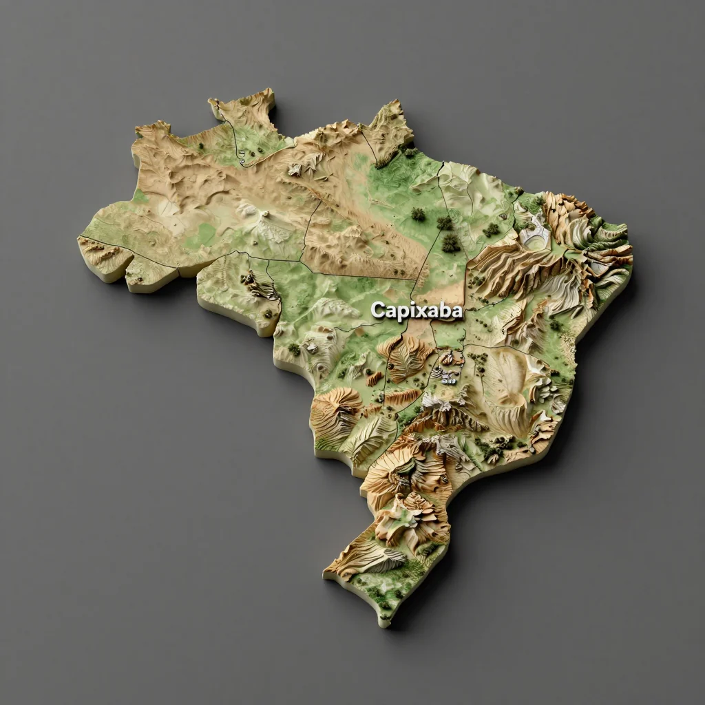 Isometric 3D topographic visualization showing elevation and terrain of Capixaba, Brazil
