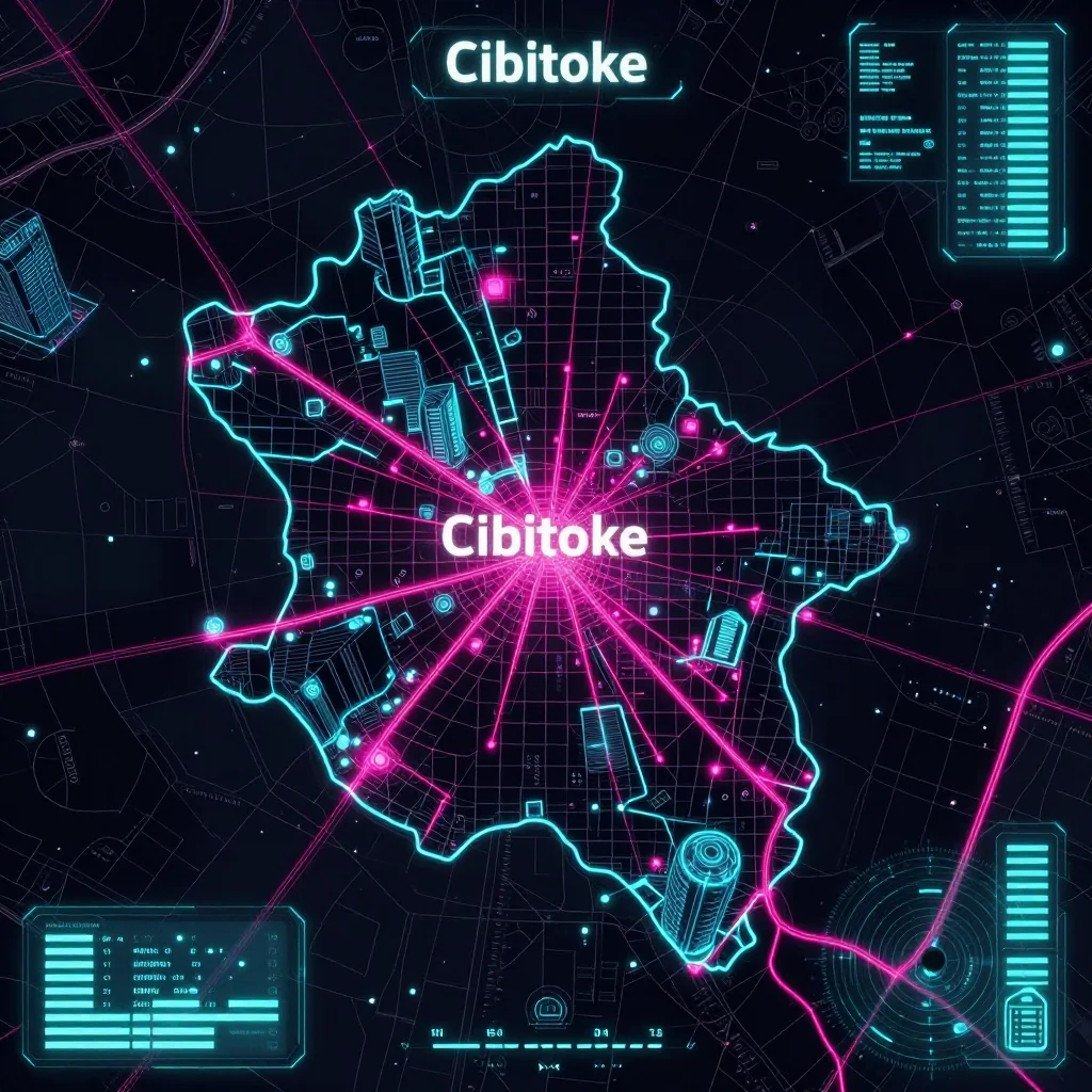 Cyberpunk style digital map of Cibitoke, Burundi with neon grid lines and futuristic UI design